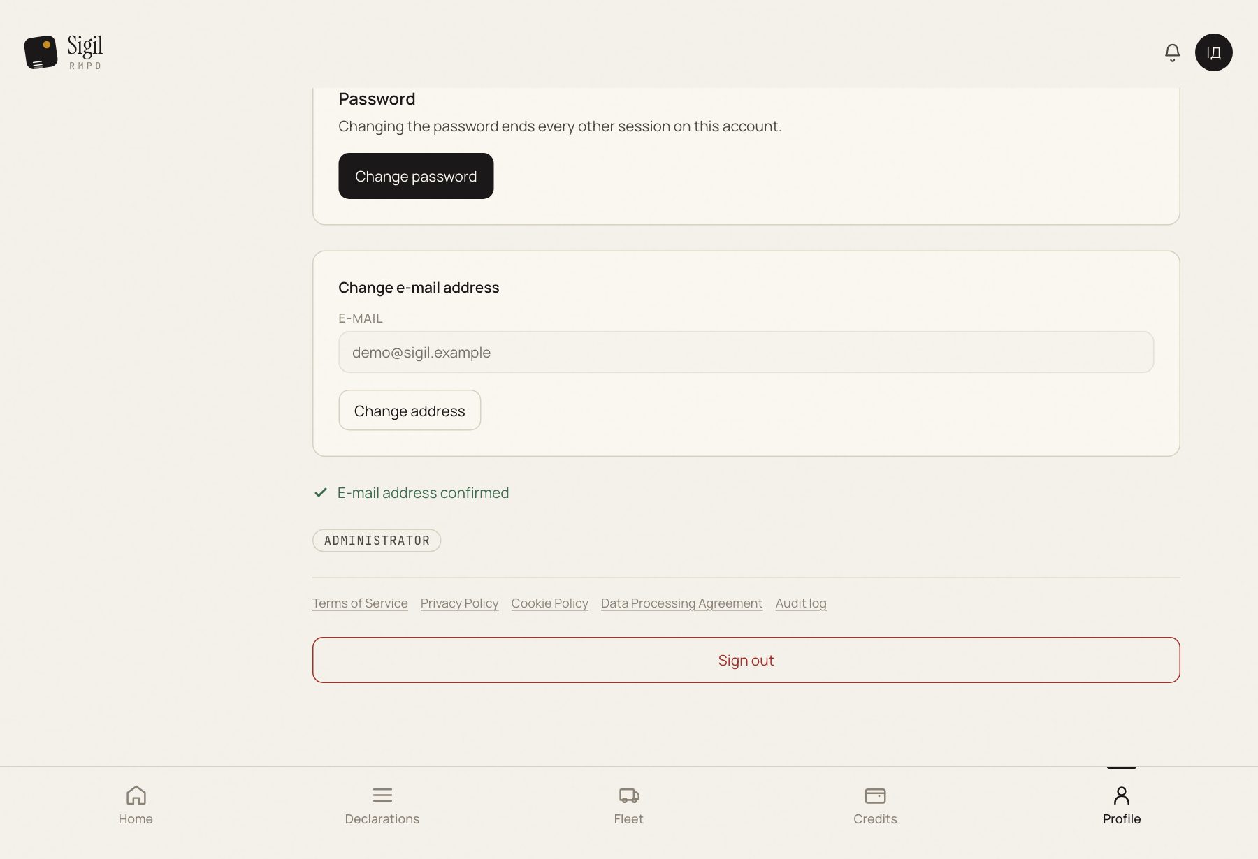 Changing the e-mail address in the profile