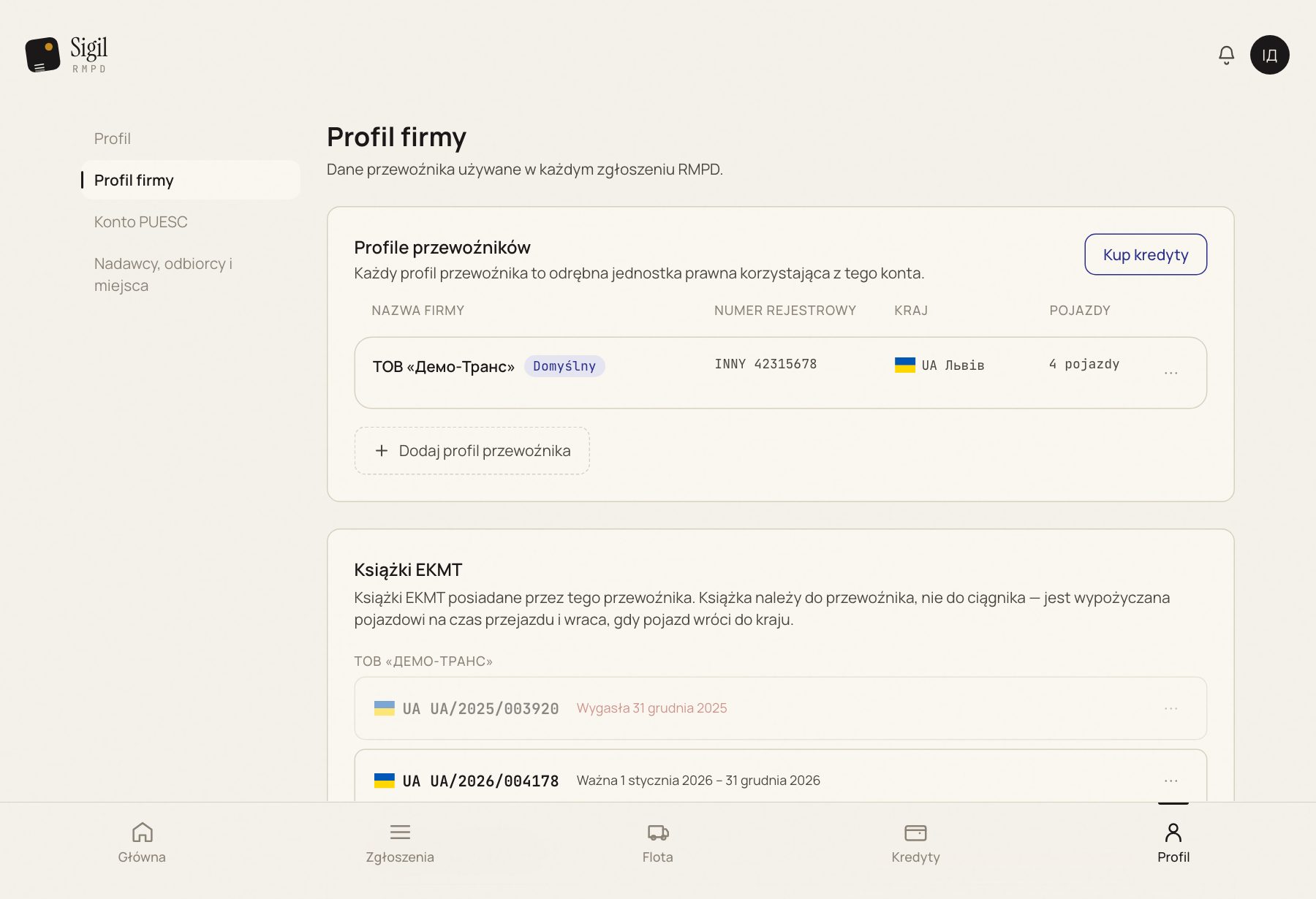 Profil firmy i profile przewoźnika